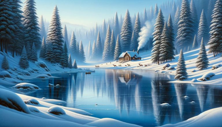 Day 28 - Winter's Calm: A Frozen Lake and Snowy Retreat